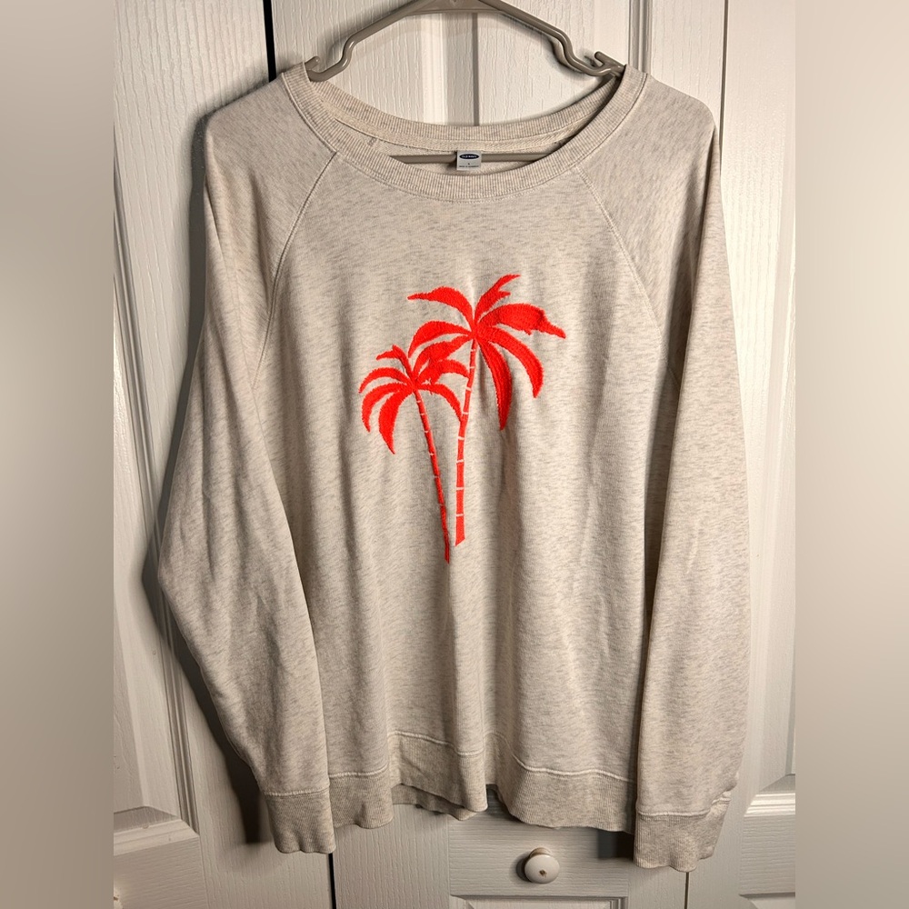 Old Navy Women’s Gray Pullover Sweater Pink Palm Trees Size Large L Lightweight